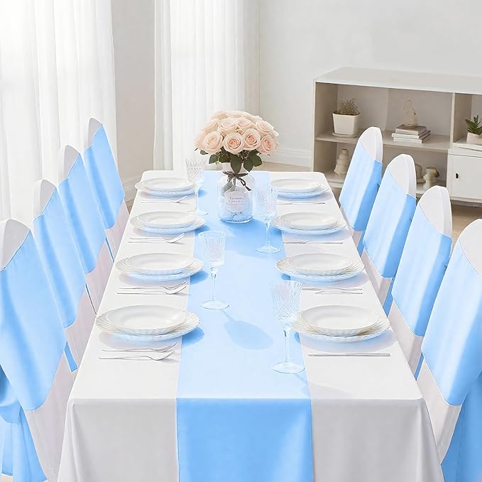 SHEJIZE 2 Pack Light Blue Satin Table Runner 12x108 Inches Long, Bright Silky Smooth Satin Table Runner Table Decor for Wedding Banquet Christmas Prom Event Birthday Party