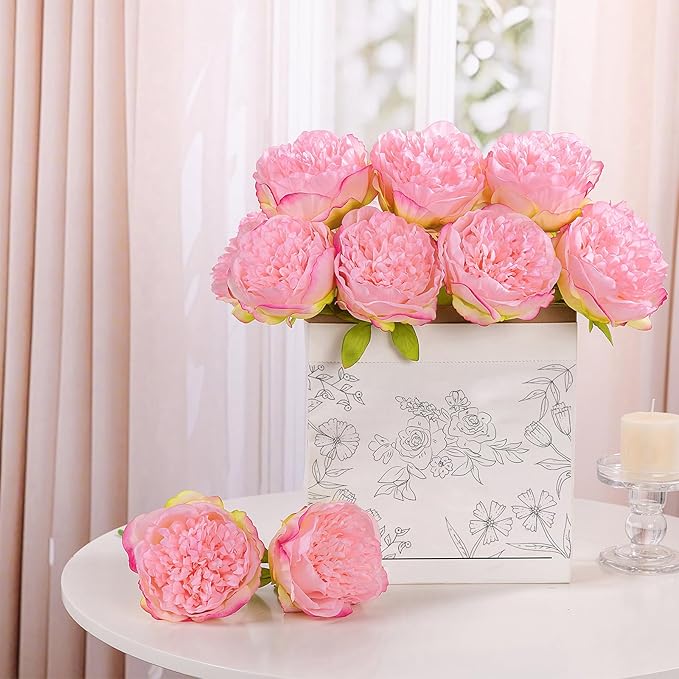 U'Artlines 2 Bouquet 10 Heads Artificial Peony Silk Flower Leaf Home Office Wedding Party Festival Bar Decor (Pink)