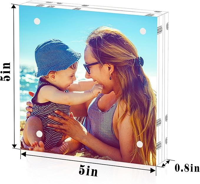 HELPLEX 3 Pack 5x5 Acrylic Picture Frames, 20mm Thicker Frameless Clear Double Sided Magnetic Frames, Free Standing Desktop Display Stands, 5x5