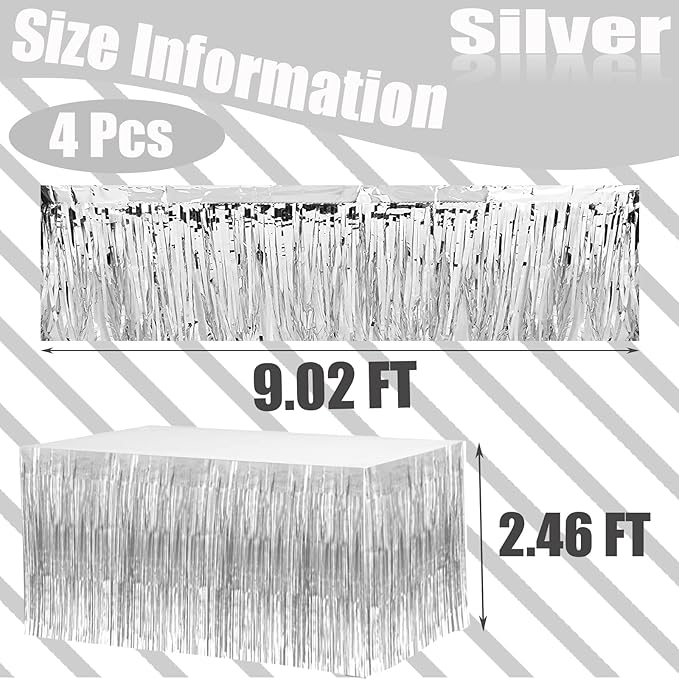 4 Pack 29x108 Inch Metallic Foil Fringe Tinsel Table Skirts for Rectangle Tables Streamer Curtains Backdrop for Wedding, Birthday, Parade Floats, Christmas, Halloween Party Decoration(Silver)