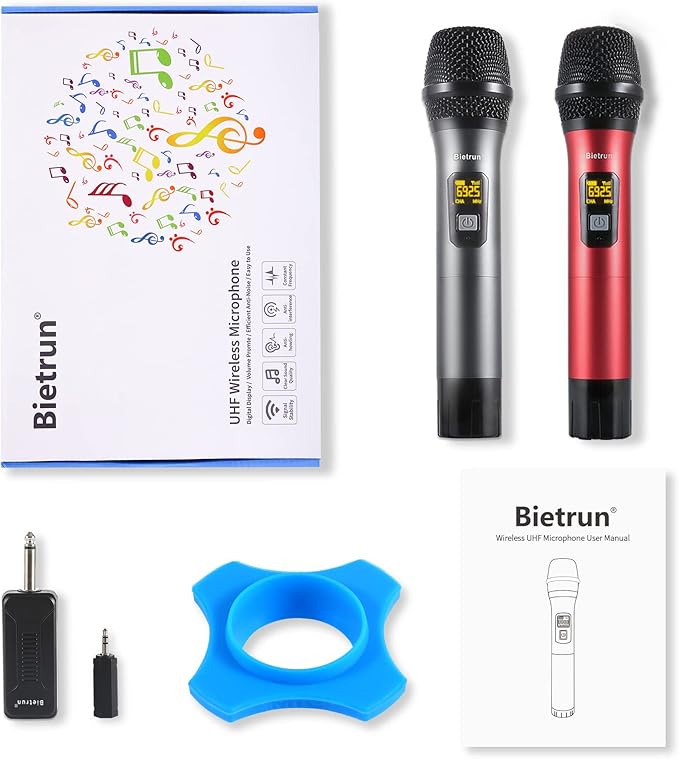 Bietrun Wireless Microphone, Professional UHF Metal Dual Handheld Cordless Dynamic Mic System Set with Rechargeable Receiver, 1/4‘’Output, Plug and Play, Instrument-Wireless-Mics for Karaoke, Wedding
