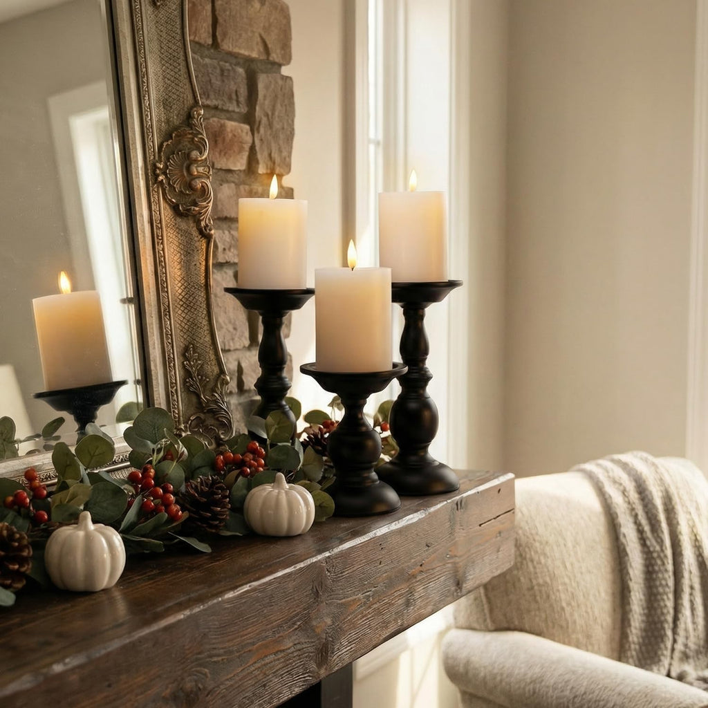 BANOMII Black Pillar Candle Holders Set of 3, Vintage Candle Holder for Table Centerpiece & Fireplace Decor, Decorative Antique Candle Stand for Dining & Living Room Decoration