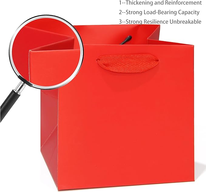 Red Paper Gift Bag 4 in Paper Box Small Square Bottom Kraft Paper Bags with Handles for Wedding Baby Shower Birthday Party (Red, 4 x 4 x 4 in, 10 CT)