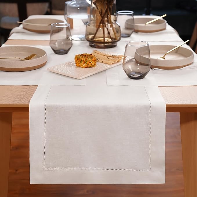 Linen Table Runner 14 x 120 Inch Long - 100% Pure Linen Christmas White Table Runner - Cloth Fabric Hemstitch Runner for Thanksgiving, Christmas, Winter, New Year - Elara