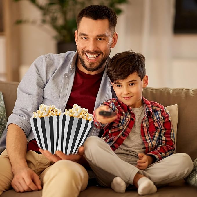 50 Pcs Popcorn Boxes Black and White Striped Cardboard Popcorn Container for Halloween Movie Nights Birthday Wedding(Black,White)