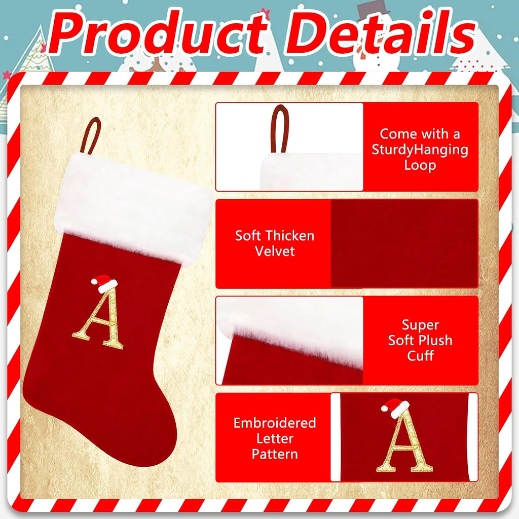 20 Inches Monogram Christmas Stockings Red Velvet with White Super Soft Plush Cuff Embroidered Xmas Stockings Classic Personalized Stocking Decorations for Family Holiday Season Decor(Letter J)