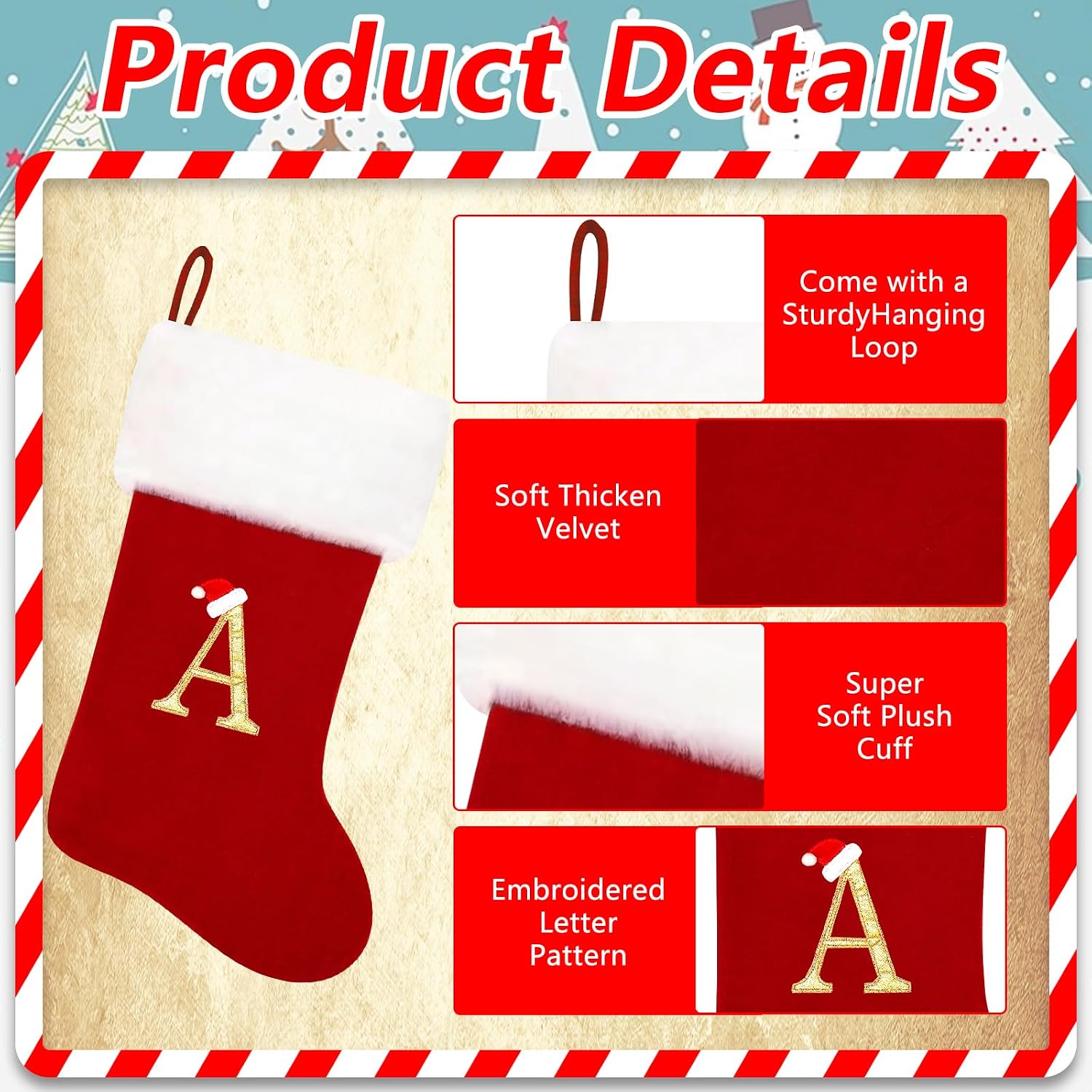 20 Inches Monogram Christmas Stockings Red Velvet with White Super Soft Plush Cuff Embroidered Xmas Stockings Classic Personalized Stocking Decorations for Family Holiday Season Decor(Letter J)