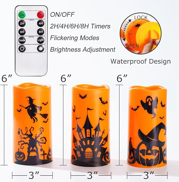 Homemory Halloween Candles, Orange Flameless Candles, Battery Operated Decals Plastic LED Pillar Candles with Remote Timers for Outdoor Day of The Dead, Halloween Spooky Decor, Waterproof, Set of 3