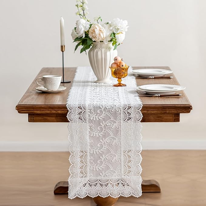 White Elegant Vintage Lace Table Runner,Wedding Lace Decor with Floral Embroidery,Tea Party Decor (White, 13.8X86 Inches)