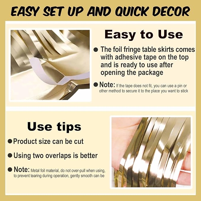 3 Pack 29 x108 Inch Light Gold Foil Fringe Table Skirts Metallic Banner for Tinsel Streamer Garland Backdrop for Parade Floats Mother's Day, Graduate, Birthday, Wedding Party Decoration