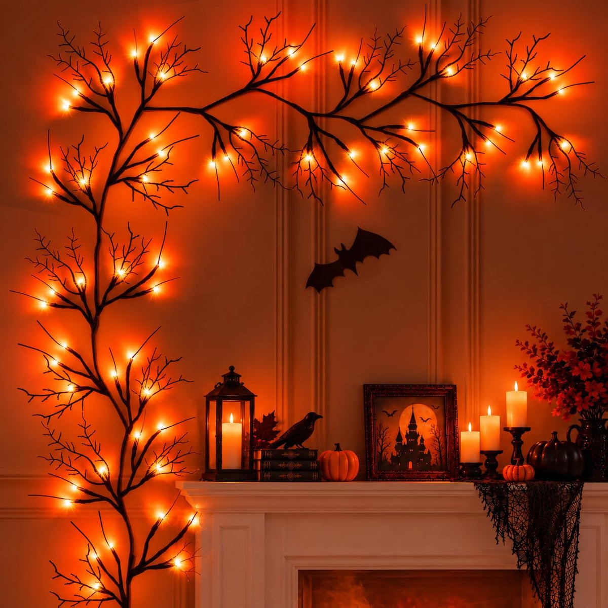 Halloween Garland with Orange Lights, 9 FT Bendable Black Branch, 72 LEDs