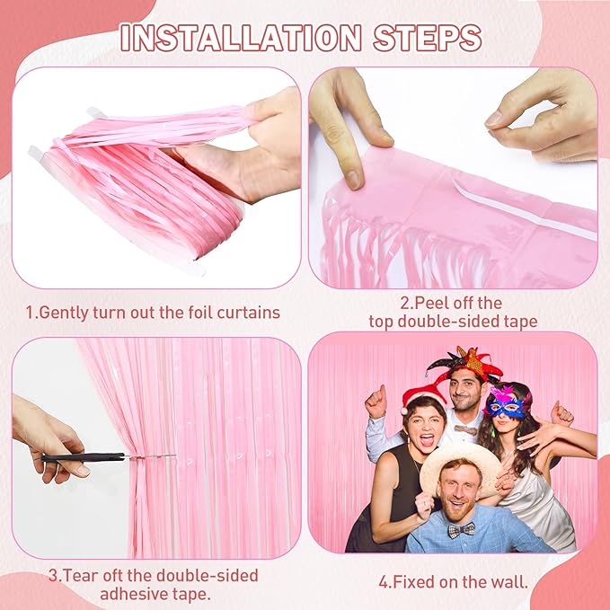 2Pack Foil Curtain Pastel Pink Backdrop Streamers Metallic Tinsel Fringe Curtains Photo Booth Props for Birthday Wedding Engagement Bachelorette Christmas Celebration Valentines Party Decorations