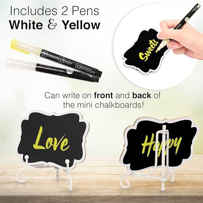 Mini Chalkboard Signs for Food Labels for Party Buffet, Small Place Cards or Name Tags with Iron Stand for Chafing Dish, Mimosa Bar Supplies, Wedding Chalk Board Sign with 2 Pens, 10 Pack White