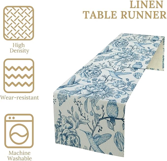Blue White Table Runner Retro Monochrome Sketch Birds Flower Vintage Floral Kitchen Dining Table Decoration for Home Party Holiday 13"x90"