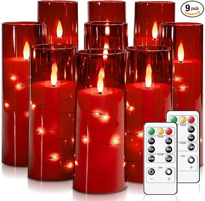 Raycare Flameless Candle with Remote Timer – 9 Flickering Acrylic Battery Operated LED Pillar Candles with Embedded Star String for Halloween, Home Decor, and as a Gift (Red)