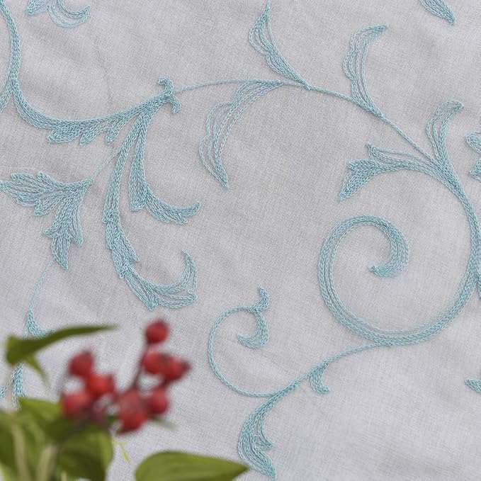 Floral Embroidery Sheer Curtains Blue 45 Inch Length, Vintage Rod Pocket Voile Drapes for Living room, Bedroom, Window Treatments Semi Crinkle Curtain Panels for Villa, Parlor, Set of 2, 52"x 45".