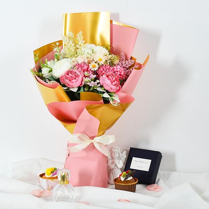 BEISHIDA 20Pcs Pink and Gold Double Sided Floral Wrapping Paper Matte Waterproof Flower Bouquet Wrapping Paper for Floral Wrap Florist Packing Supplies Birthday Valentine's Christmas Gift Wrapping