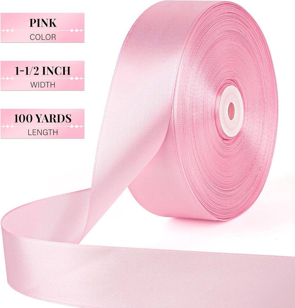 1-1/2 Inch 100 Yards Pink Satin Ribbon, Solid Fabric Ribbon Roll for Flower Bouquet, Gift Wrapping, Roses Making, Handmade Crafts