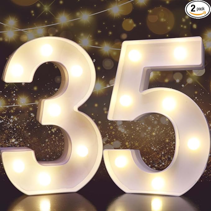 Pooqla Decorative LED Light Up Number Letters, White Plastic Marquee Number Lights Sign for 35th Birthday Party Wedding Decor, Battery Operated (35)