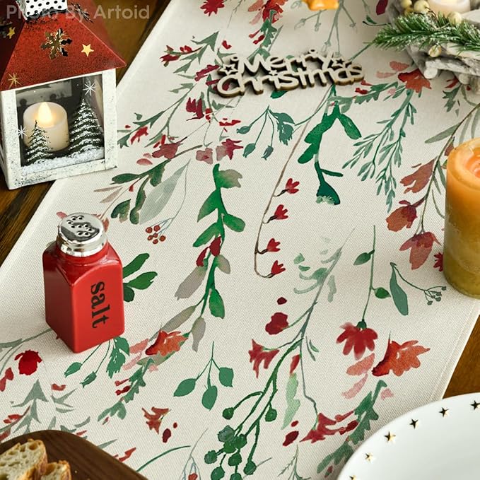 Artoid Mode Floral Leaves Christmas Table Runner, Wild Flowers and Grasses Winter Kitchen Dining Table Decoration for Home Party Decor 13x72 Inch