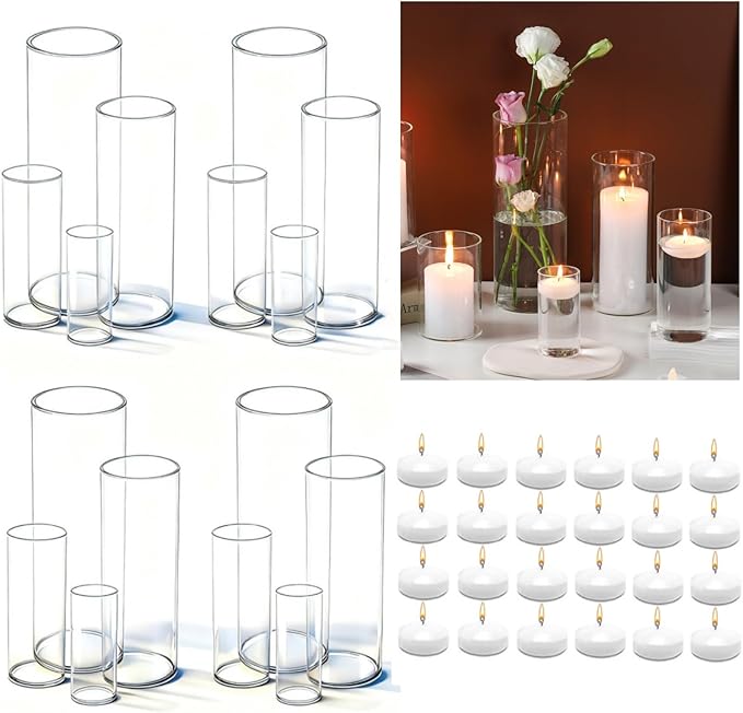 UDU Set of 16 Cylinder Glass Vases and 24 Pcs Floating Candles for Centerpiece, 4,6,8,10 Inch Tall Clear Hurricane Candle Holder Glass Vases for Centerpiece Table Wedding Home Decor