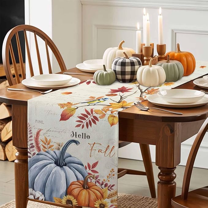 Thanksgiving Fall Cotton Linen Table Runner for Dining Kitchen, Blue Pumpkins Rustic Wedding Outdoor Party Autumn Tablerunners Decoration, Leaves Dresser Scarf Coffee Tablecloth Runners 13x36 Inches