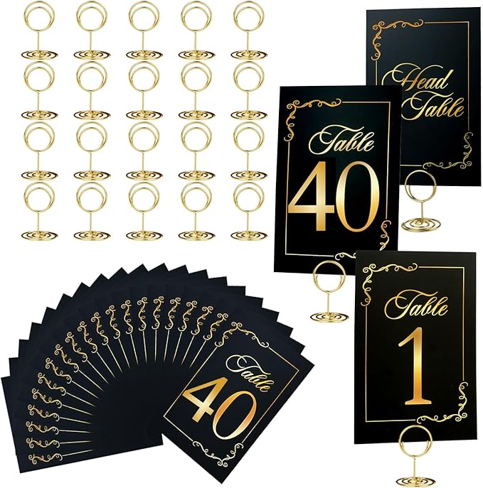 Wedding Table Numbers 1-40 and Head Table Card, Black Gold Cards with 41 Gold TableNumber Holders for Wedding Reception (Set of 41)