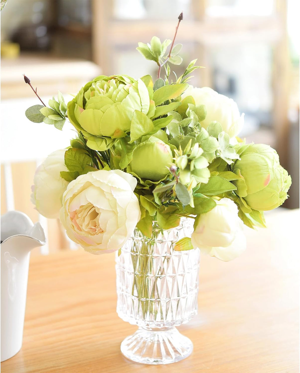 fiveseasonstuff cream beige & moss green artificial peony, close-up detail