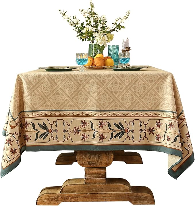 patdrea Designer Linen Extra Long Tablecloth for Rectangle Table,Beige Anti-Wrinkle Durable Floral Farmhouse Table Cloth,Decor Covers for Kitchen Dining,Christmas,Thanksgiving,63"x110"-Fram