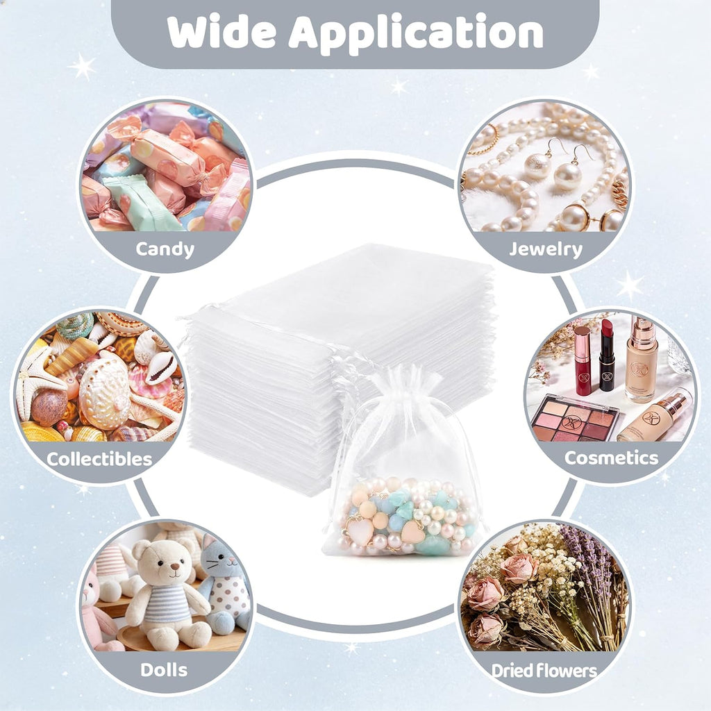 FUNFERY 100 Pcs White Organza Bags 3x4 in, Small Mesh Drawstring Gift Bags for Sachet, Jewelry, Wedding Favor, Candy Goodie Treat Bag,Easter Day