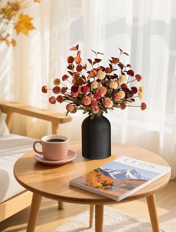 BLOSMON Fall Flowers in Vase for Centerpieces: Metal Vase with 12 Stems of Fake Mums Kiku Flowers Eucalyptuses Home Thanksgiving Table Decoration - Burnt Orange Artificial Pom Poms Floral Arrangement