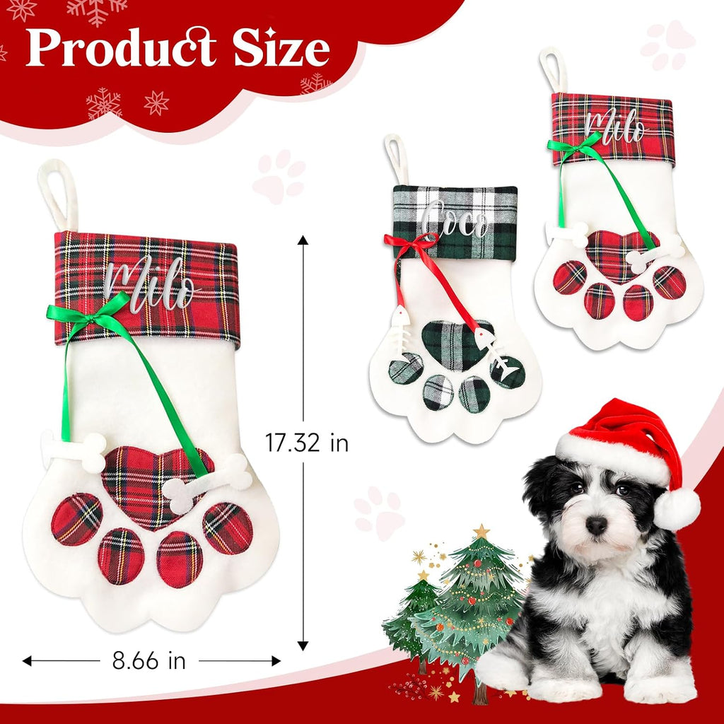 Personalized Christmas Stockings for Dogs and Cats, Custom Paw Shape Stocking Embroidered with Pet Name, Xmas Decorations Family Holiday Fireplace Hanging Stockings (17.3x8.6 in)