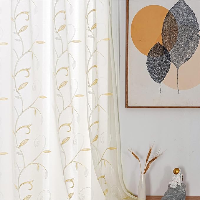 VISIONTEX Sheer Curtains 120 inch Length 2 Panels Set, White Voile Crushed Cream Vine Leaves Embroidery, Rod Pocket Embroidered Window Drapes for Living Room and Bedroom, 54" x 120"