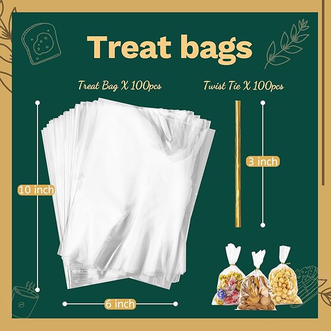 LOKIQNG Cellophane Bags Plastic Gift Bag Clear Cookie Treat Bags with Twist Ties for Party Favor Bag(100PACK,6x10inch)