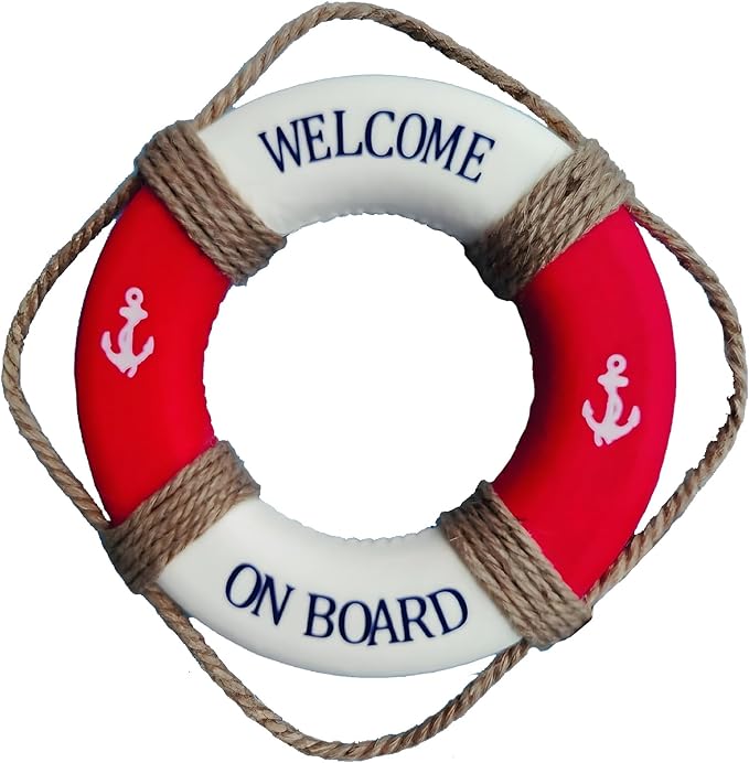MorroMorn Lifebuoy Wall Hanging Decor - Welcome Aboard Mediterranean Style Home Decoration Hemp Rope (Red, 20")