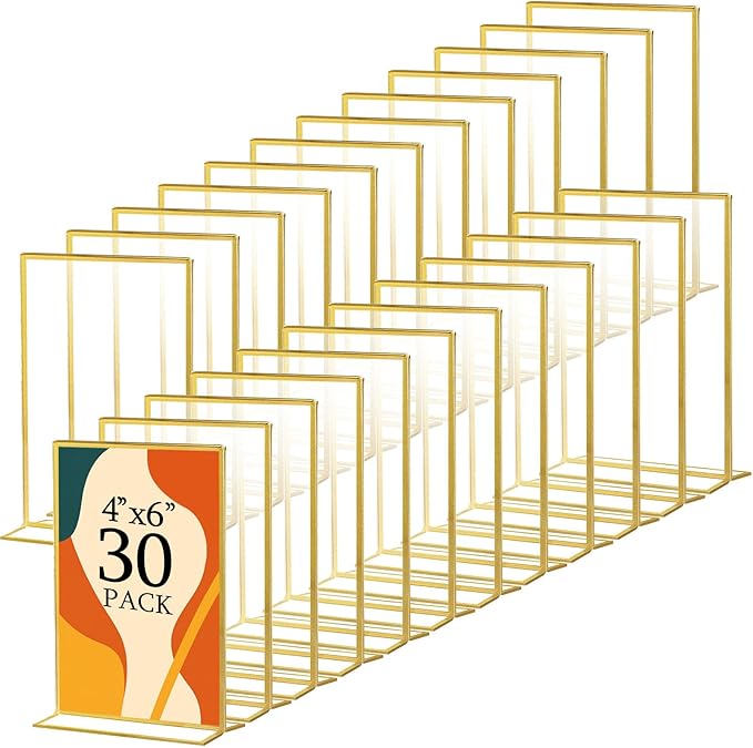 Hoteam 30 Pack 4 x 6 Clear Acrylic Sign Holder with Gold Borders, Gold Picture Frame, Double Sided Wedding Table Number, Acrylic Menu Stands for Wedding Table, Restaurant Sign, Photos