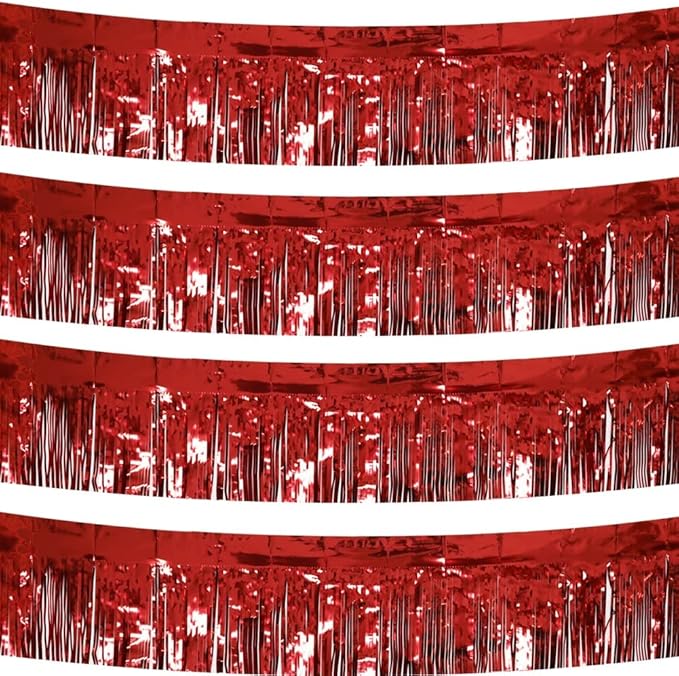 4 Pack Total 40 Feet Foil Fringe Garland Metallic Wall Hanging Drapes Tassel Skirting Tinsel Streamers Decorations for Parade Float Trailer Mardi Gras Party Birthday Wedding (Red)