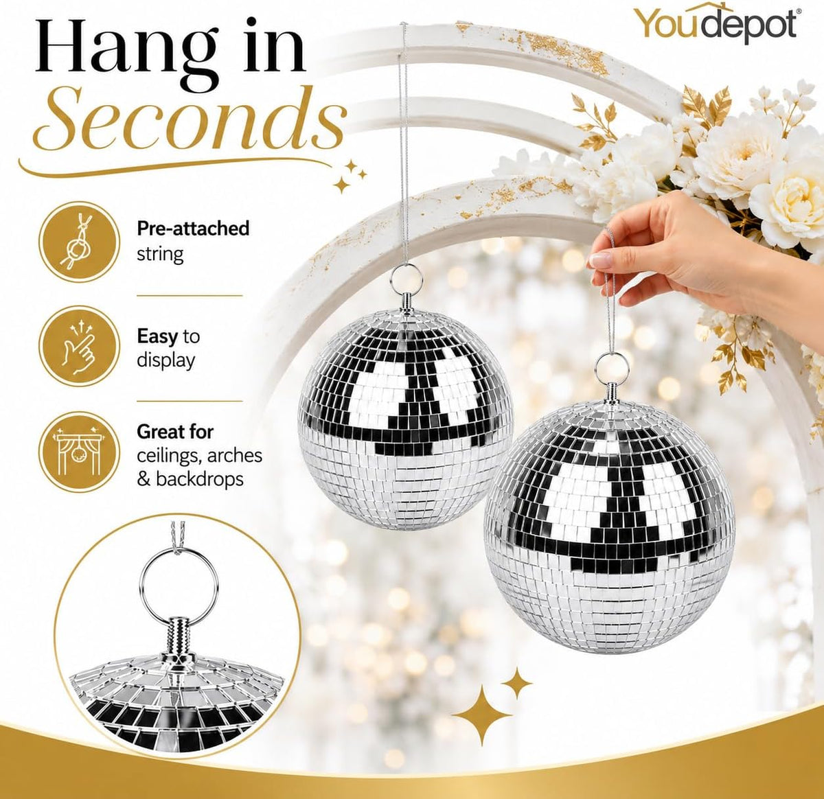 Youdepot 8-Inch Silver Disco Ball Mirror Ball 2-Pack