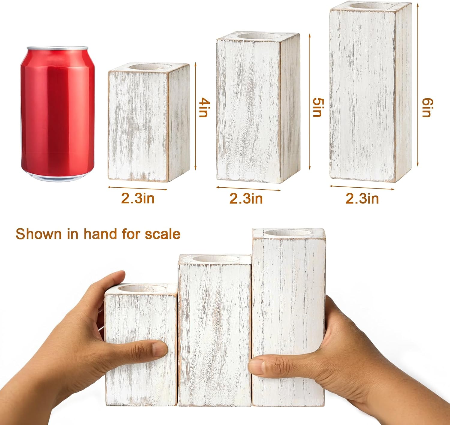 MelonBoat Rustic Flameless LED Candles 3-Pack, Battery Operated Candles with Wooden Candle Holders, White Rustic Farmhouse Decor, Farmhouse Candle Holder for Valentines Holiday Party Home Decor