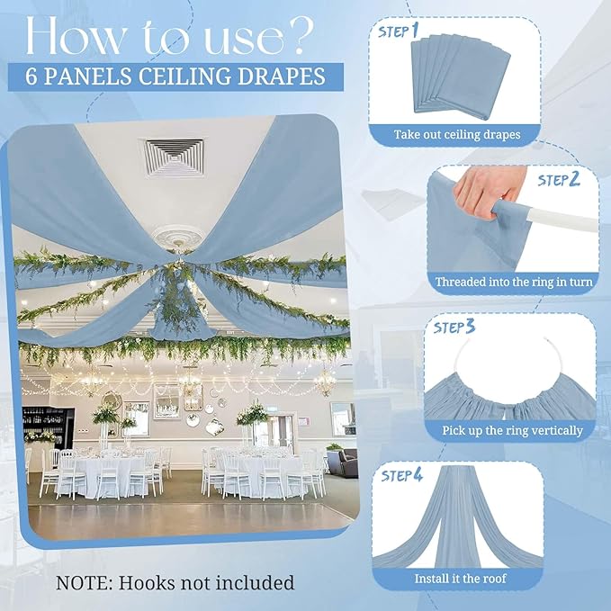 6 Panels Dusty Blue Ceiling Drapes for Wedding, 5ftx30ft Ceiling Drapes Cheesecloth Sheer Fabric Curtain Wedding Arch Draping Fabric Romantic Ceilings Decorations for Weddings Party Ceremony Stage