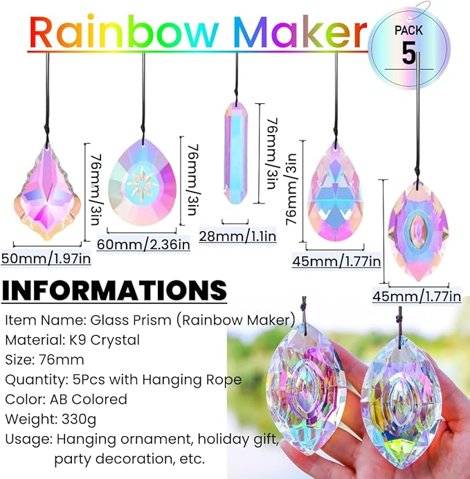 5Pcs 3-inch Crystal Sun Catcher Prisms for Windows Garden Patio,AB Colored Hanging Suncatchers with Glass Prism Rainbow Maker Ideal