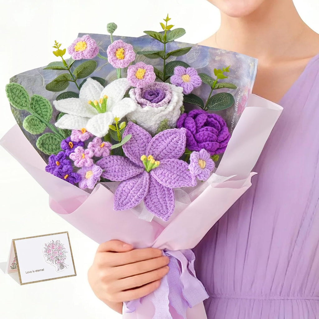 Serwalin Crochet Flower Bouquet, Purple Handmade Knitted Flowers, Liliy Roses Crochet Flowers for Mother's Day Graduation Lover Teacher Anniversary Birthday Gifts, for Girlfriend,Wife(Include Card)