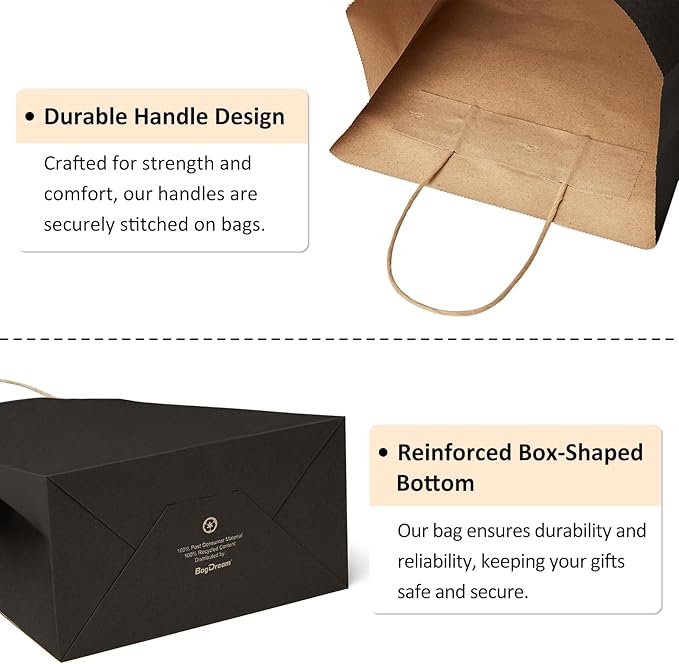 BagDream 50Pcs Gift Bags 8x4.25x10.5 Inches Kraft Paper Gift Bags with Handles Bulk for Shopping, Wedding, Party Favor, Merchandise, Retail, Black Paper Sacks