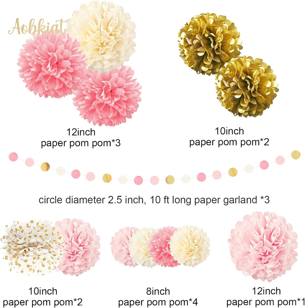 AOBKIAT Wedding Baby Shower Decorations Set,15PCS Pink Gold for Girls Women | with Tissue Paper Pom Poms,Colorful Garland String Hanging Backdrop for Birthday,Bridal Shower,Gender Reveal Celebration