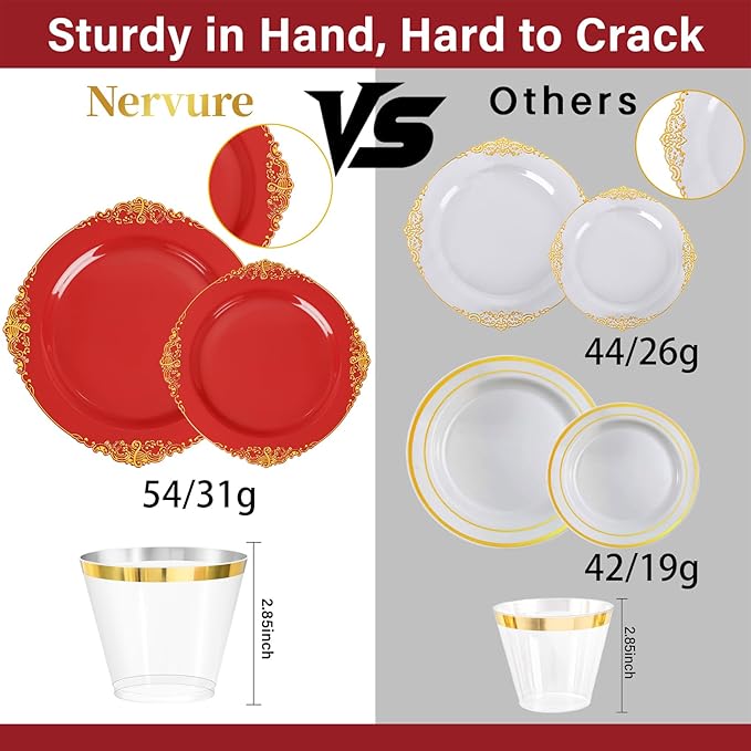Nervure 350PCS Red Plastic Plates - Red Gold Plastic Dinnerware Sets for 50 Guests - 100 Gold Disposable Plates, 50 Pre Rolled Silverware Sets, 50 Cups Perfect for Wedding & Party & Christmas