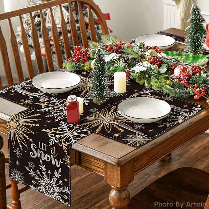 Artoid Mode Black Snowflake Let It Snow Winter Placemats Set of 6, 12x18 Inch Seasonal Christmas Table Mats for Party Kitchen Dining Decoration