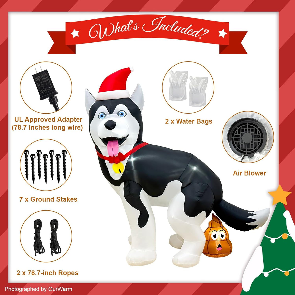 ourwarm 5ft funny christmas inflatables husky outdoor christmas, side view