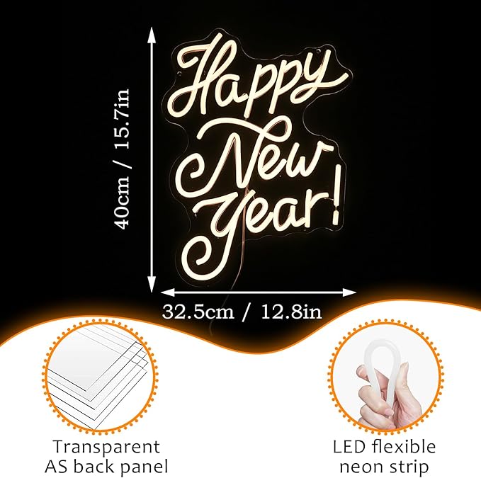 Happy New Year Neon Sign Warm White Led Neon Lights for Wall Decor Usb New Year Light Up Signs for New Year Party Decor Home Bedroom Indoor Decorations