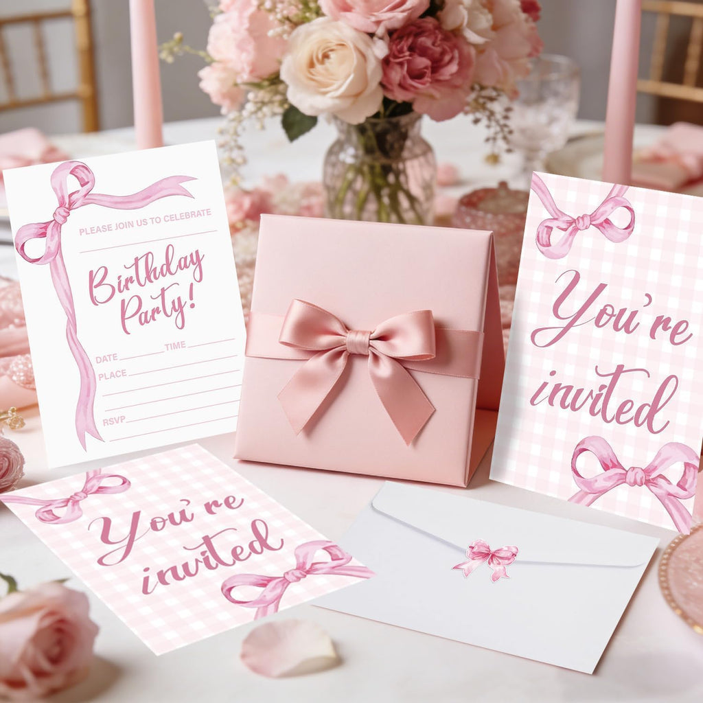 Pink Bow Birthday Invitations for Girls Boys, 20 Sets Bow Knot Invitation Cards with Stickers and Envelopes for Birthday Baby Showers Weddings and Celebrations, 4.7 x 6.7 Inch