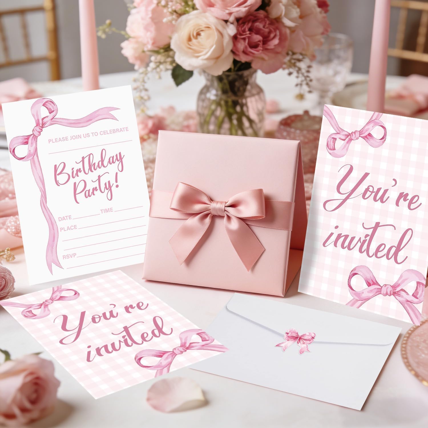 Pink Bow Birthday Invitations for Girls Boys, 20 Sets Bow Knot Invitation Cards with Stickers and Envelopes for Birthday Baby Showers Weddings and Celebrations, 4.7 x 6.7 Inch
